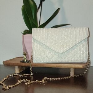 Cream and Gold Quilted Clutch with Chain Strap